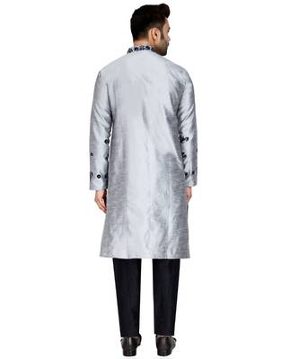 Silver plain art silk kurta pajama 4