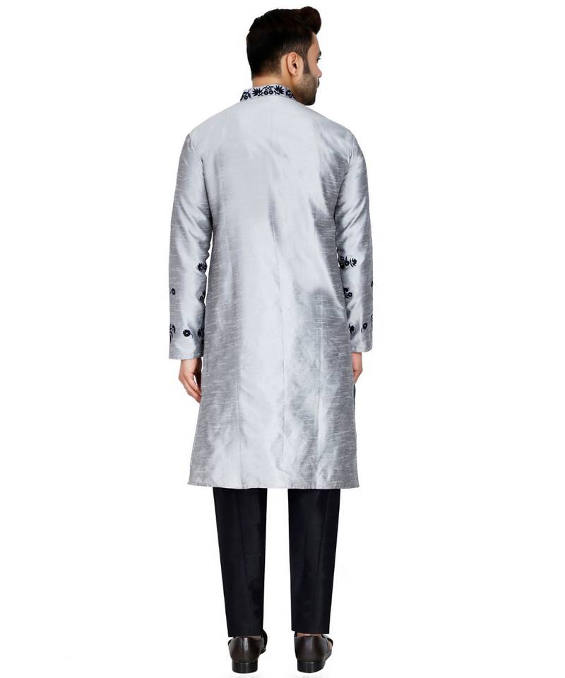 Silver plain art silk kurta pajama