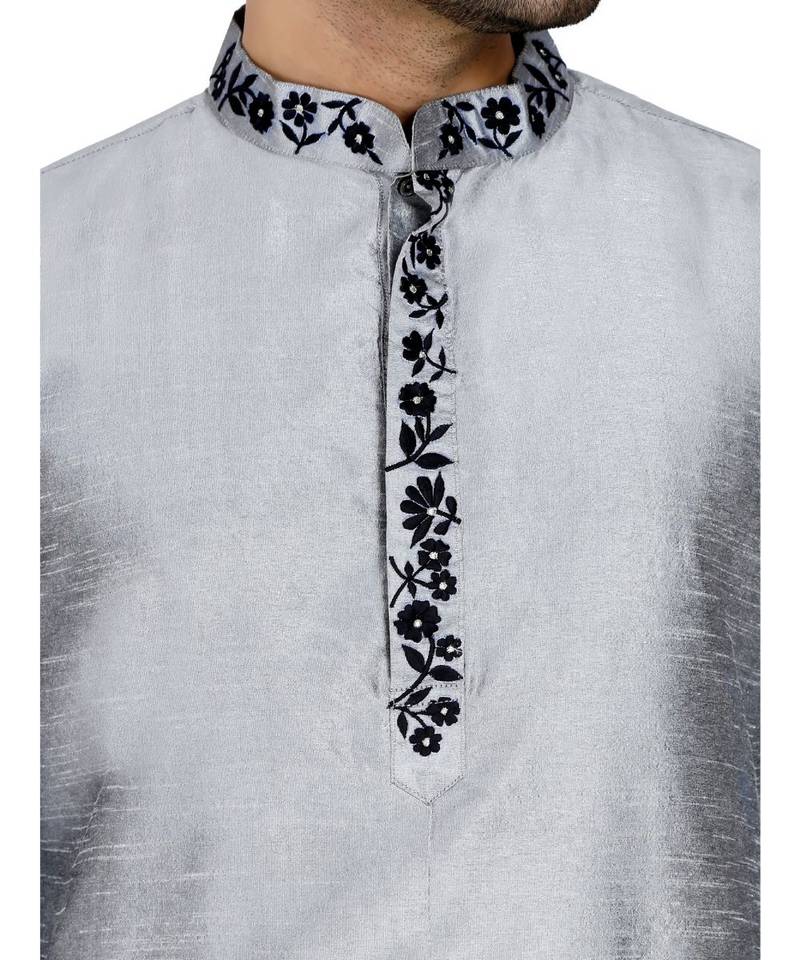 Silver plain art silk kurta pajama