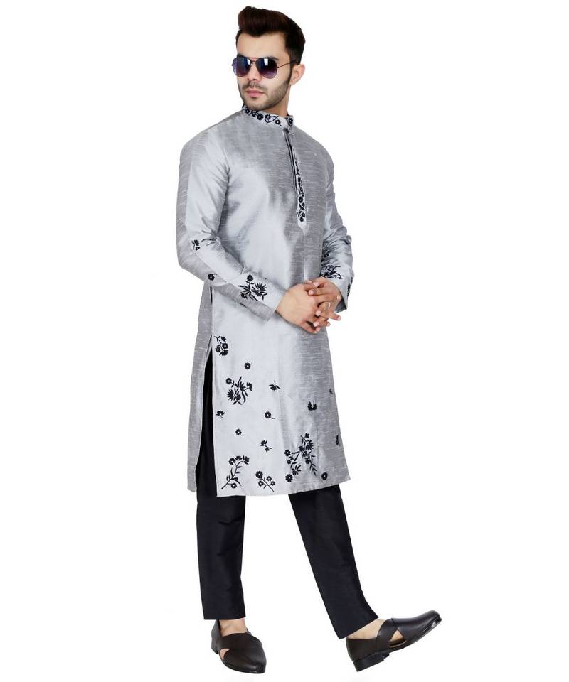 Silver plain art silk kurta pajama