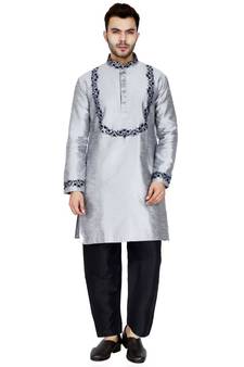 Silver plain art silk kurta pajama
