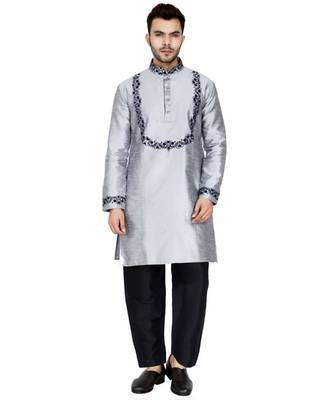 Silver plain art silk kurta pajama 1
