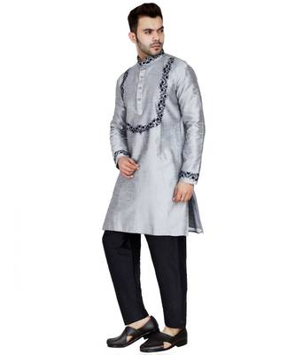 Silver plain art silk kurta pajama 2
