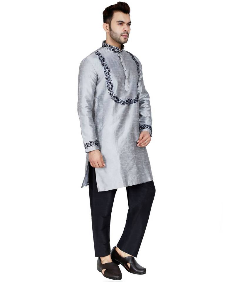 Silver plain art silk kurta pajama
