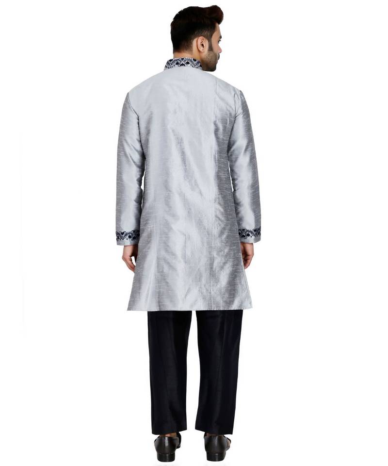 Silver plain art silk kurta pajama