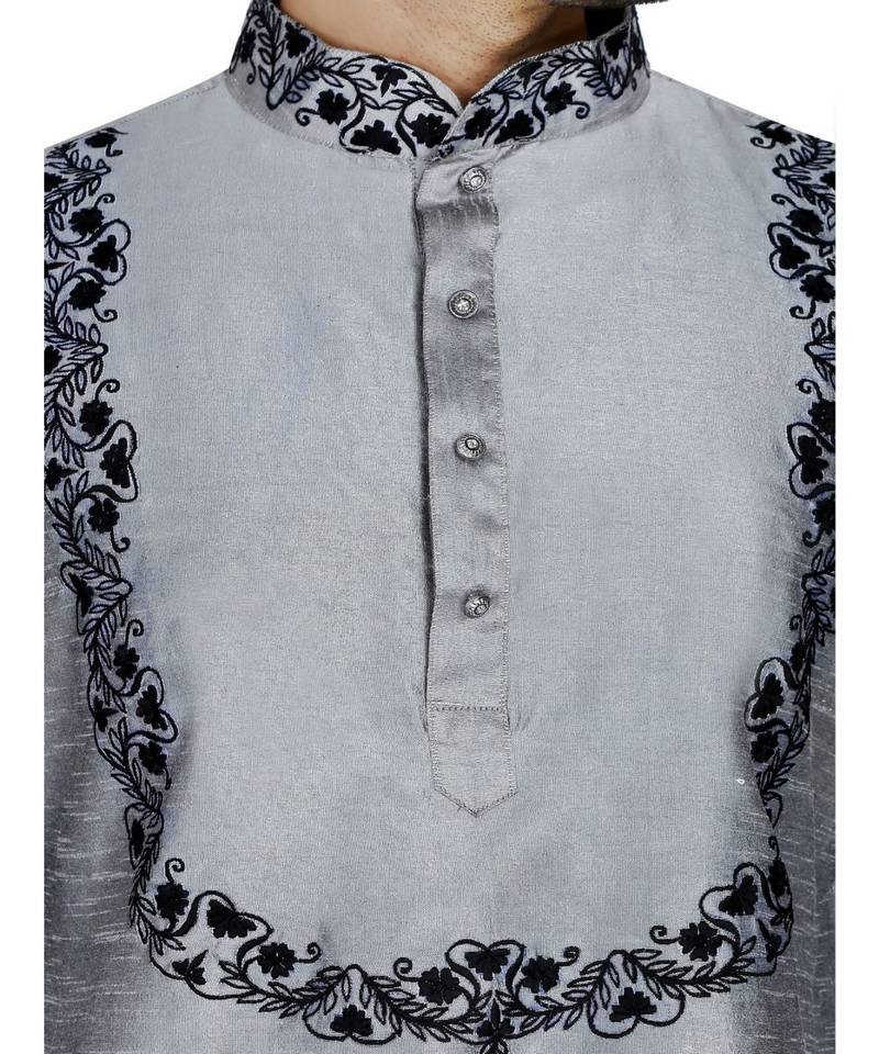 Silver plain art silk kurta pajama