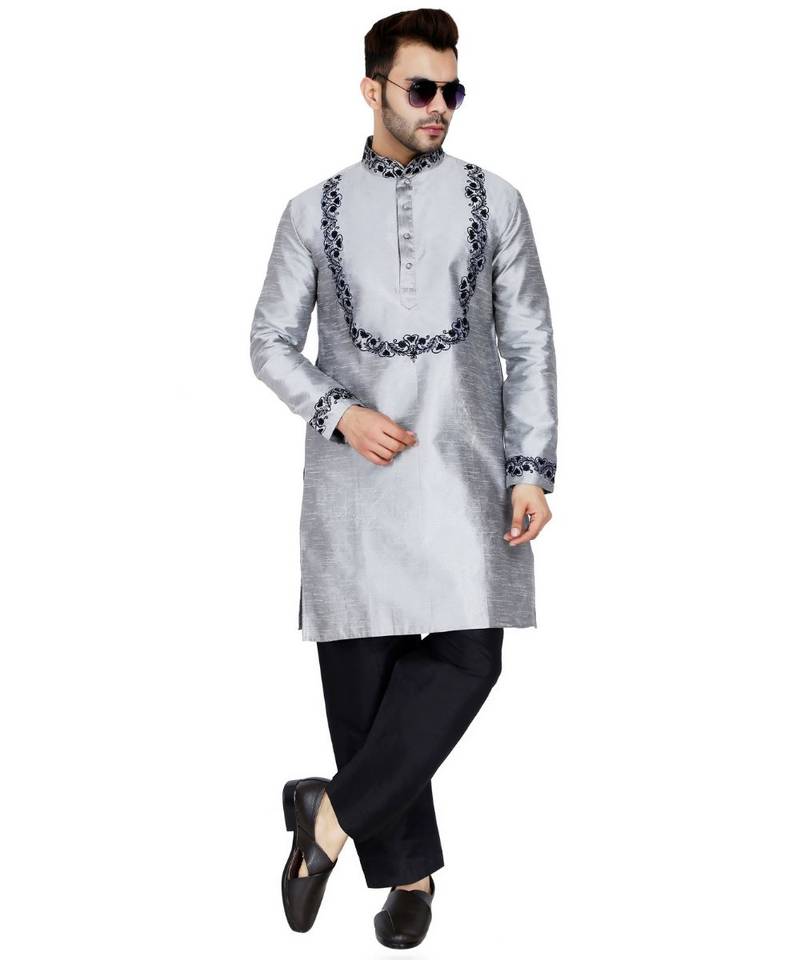 Silver plain art silk kurta pajama