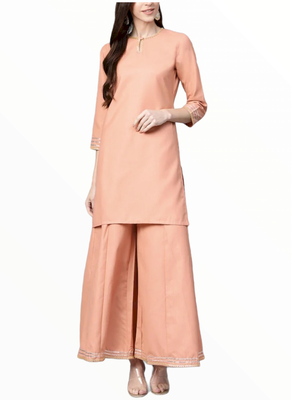 peach cotton long kurti set with palazzo 1