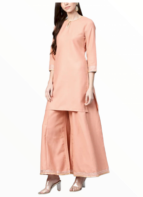 peach cotton long kurti set with palazzo 2