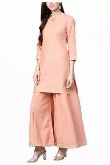 peach cotton long kurti set with palazzo