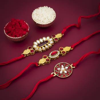 Sukkhi Charming Gold Plated Meenakari Rakhi Combo (Set of 3) with Roli chawal and Greeting Card 2