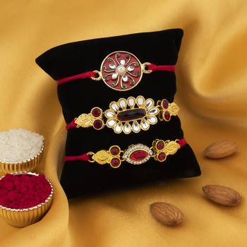 Sukkhi Charming Gold Plated Meenakari Rakhi Combo (Set of 3) with Roli chawal and Greeting Card 3