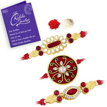 Sukkhi Charming Gold Plated Meenakari Rakhi Combo (Set of 3) with Roli chawal and Greeting Card 1
