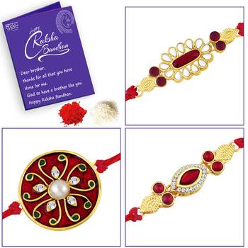 Sukkhi Charming Gold Plated Meenakari Rakhi Combo (Set of 3) with Roli chawal and Greeting Card 4