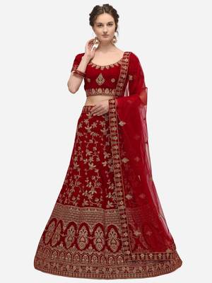 Maroon embroidered velvet semi stitched lehenga 1