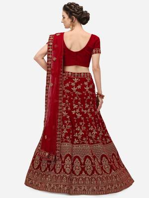 Maroon embroidered velvet semi stitched lehenga 2