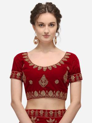 Maroon embroidered velvet semi stitched lehenga 3
