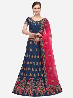 Dark-blue embroidered silk semi stitched lehenga 1