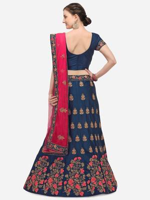 Dark-blue embroidered silk semi stitched lehenga 2