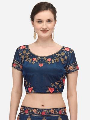 Dark-blue embroidered silk semi stitched lehenga 3