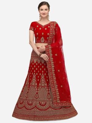 Red embroidered velvet semi stitched lehenga 1