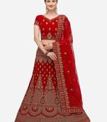 Red embroidered velvet semi stitched lehenga