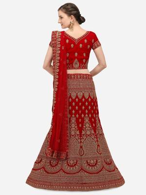 Red embroidered velvet semi stitched lehenga 2