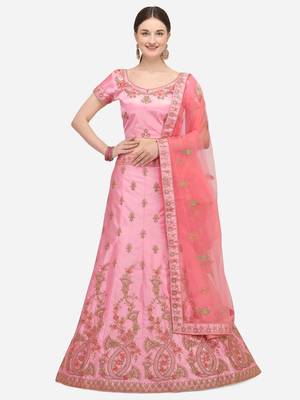Pink embroidered silk semi stitched lehenga 1