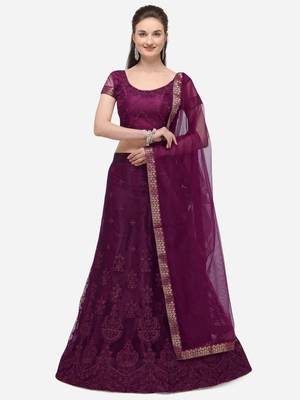 Purple woven net semi stitched lehenga 1