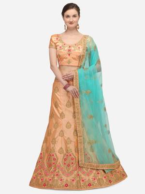 Peach embroidered silk semi stitched lehenga 1