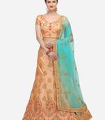 Peach embroidered silk semi stitched lehenga
