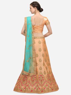 Peach embroidered silk semi stitched lehenga 2