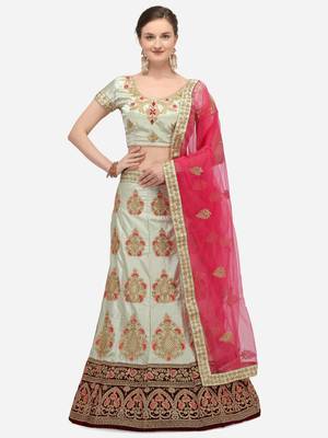 Light-olive embroidered silk semi stitched lehenga 1