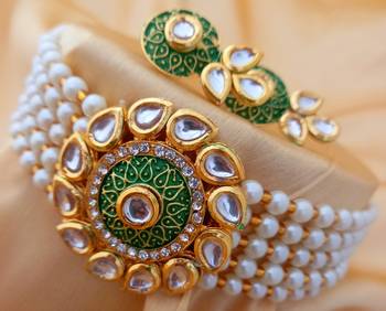 Green Meenakari Kundan Pearl Choker Jewelry Set 3