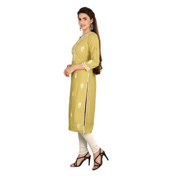 Mustard embroidered cotton long-kurtis 3