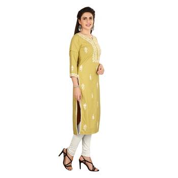 Mustard embroidered cotton long-kurtis 4