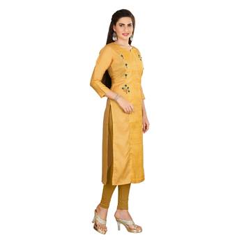 Mustard embroidered art silk long-kurtis 4