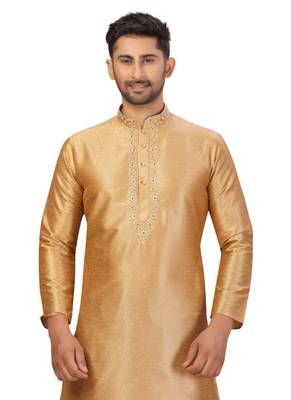 Gold Art Silk Embroidered Kurta Pyjama 4