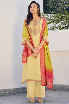 Yellow embroidered pure silk salwar