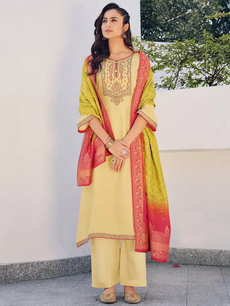 Yellow embroidered pure silk salwar