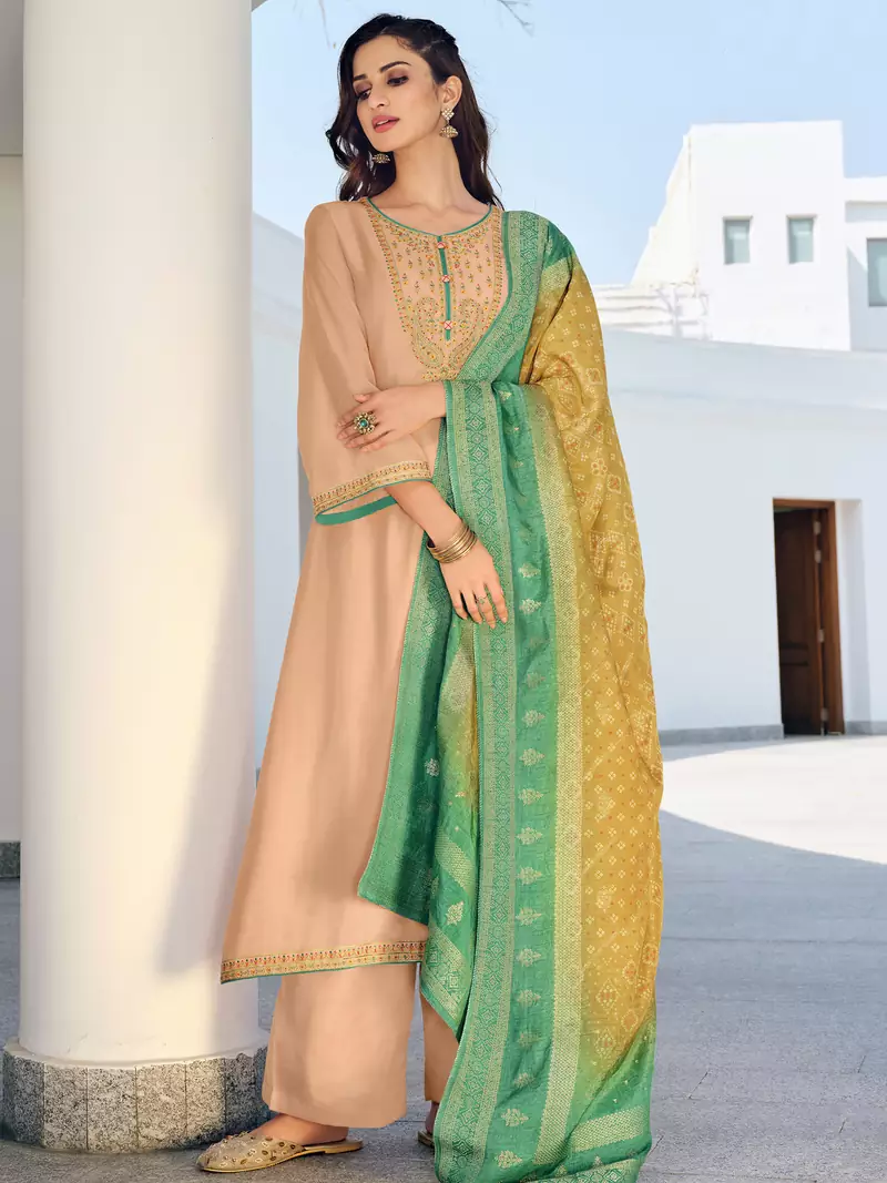 Beige embroidered pure silk salwar