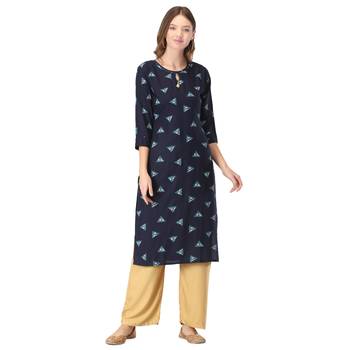Navy-blue printed rayon long-kurtis 1