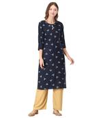 Navy-blue printed rayon long-kurtis