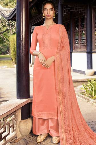 Peach embroidered pure silk salwar