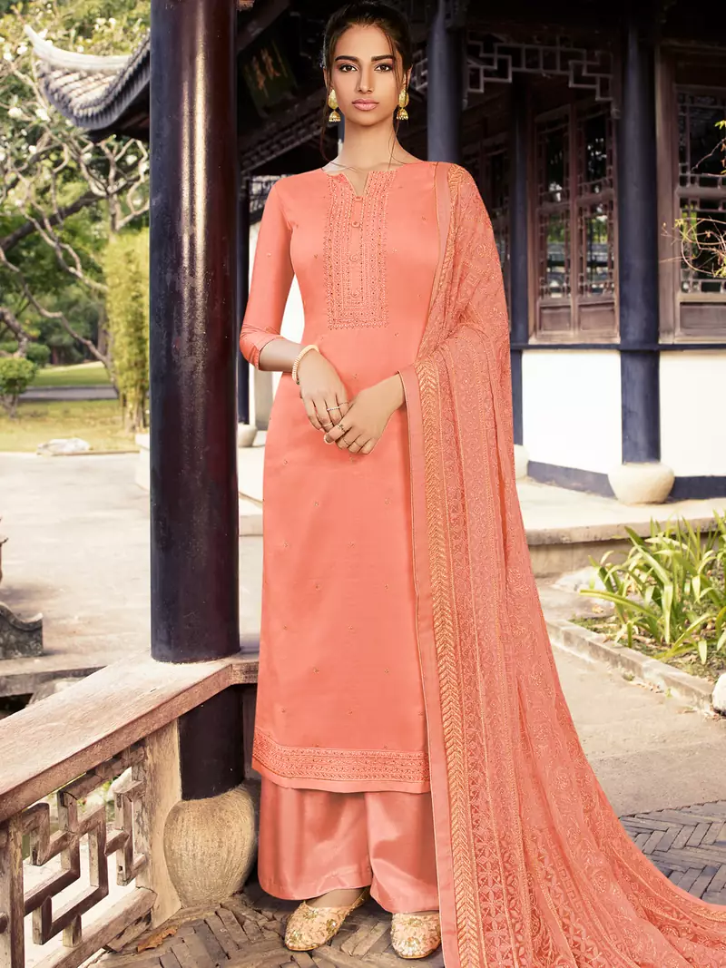 Peach embroidered pure silk salwar