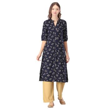 Navy-blue printed rayon long-kurtis 1