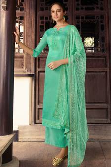 Teal embroidered pure silk salwar