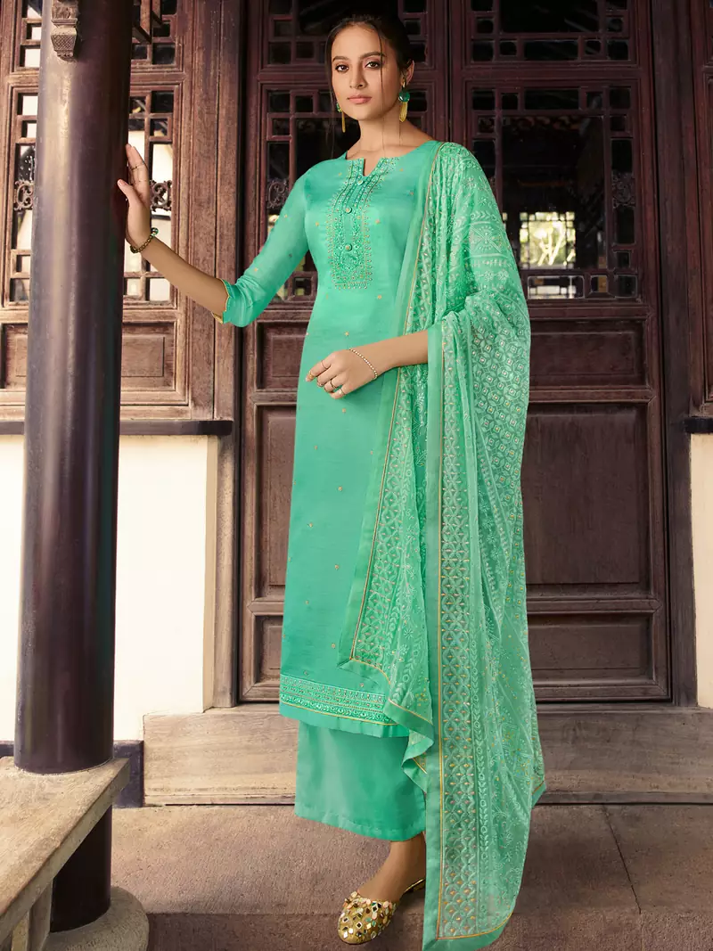 Teal embroidered pure silk salwar