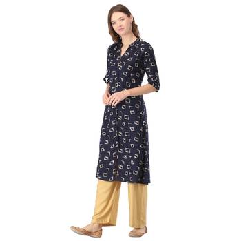 Navy-blue printed rayon long-kurtis 3