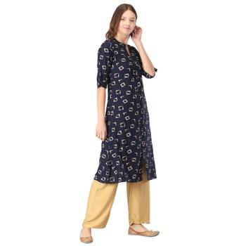 Navy-blue printed rayon long-kurtis 4